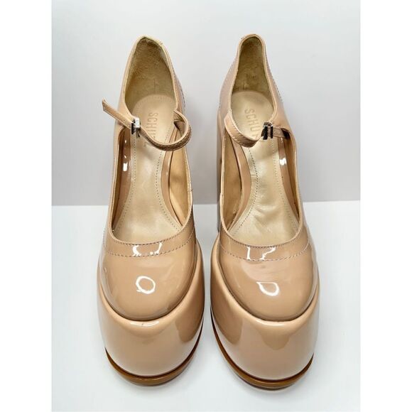Schutz Mary Jane Pumps Size 8.5B Zayne Tan Patent Leather Platform Block Heel - Picture 3 of 10